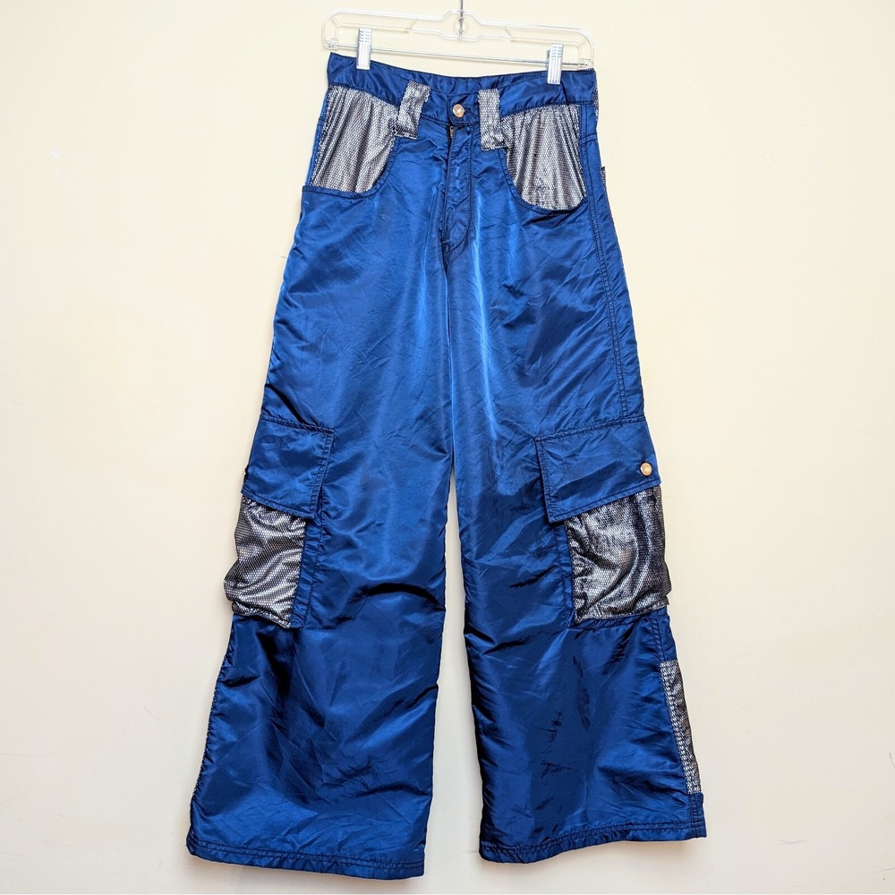 Vintage Serious Rave 90s Blue Silver Pants Cyberpunk Cargo Baggy Wide Leg 30